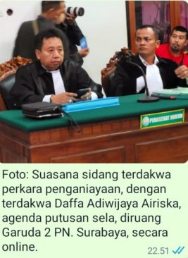 Hakim Terima Eksepsi Penasehat Hukum Terdakwa, Daffa Adiwidya Ariska Segera Dibebaskan Dari Tahanan