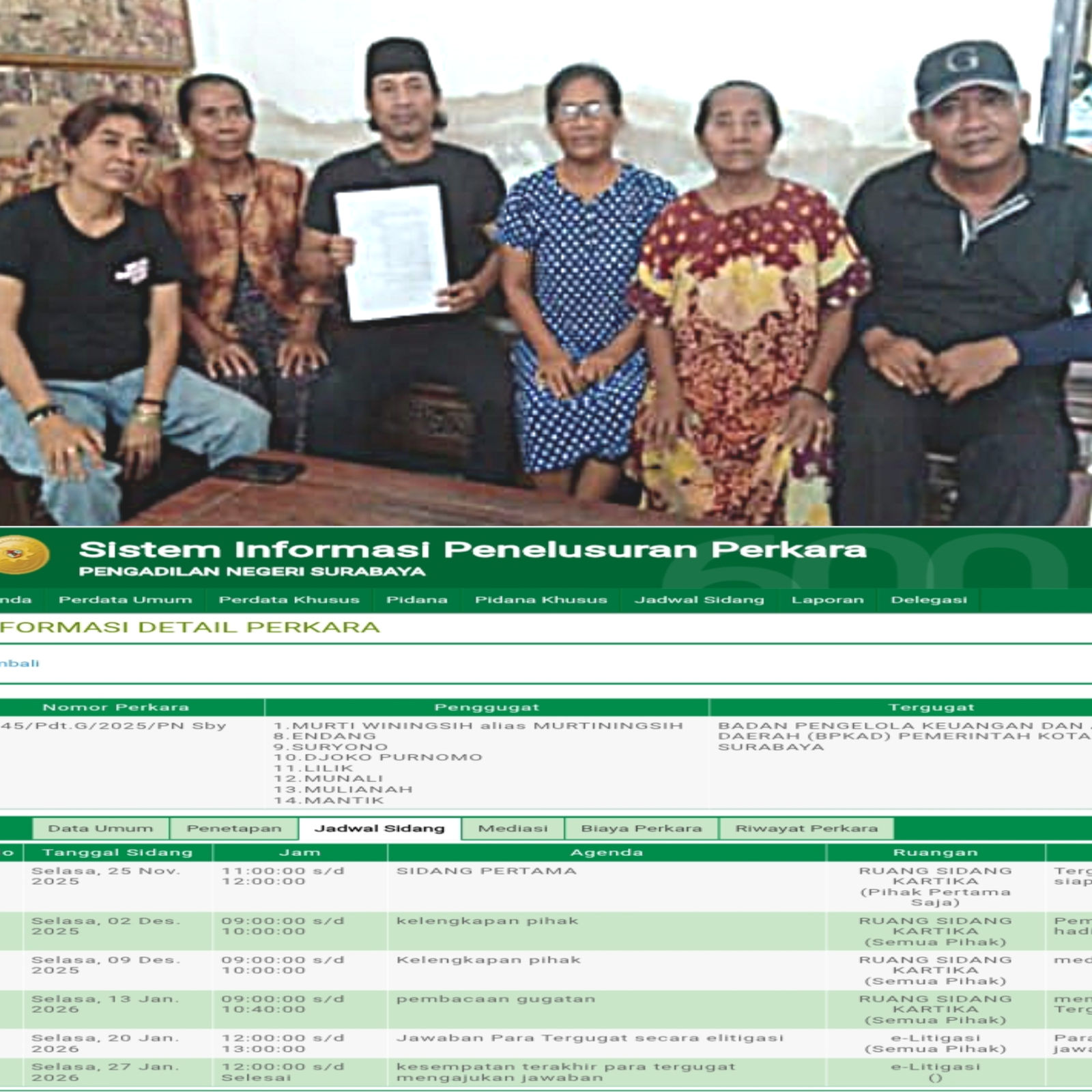 Sidang Tunda Lagi, BPKAD Surabaya dan Turut Tergugat Lurah Tanah Kali Kedinding Serta BPN Kota Surabaya II Belum Siap Penyampaian Jawaban melalui e-court